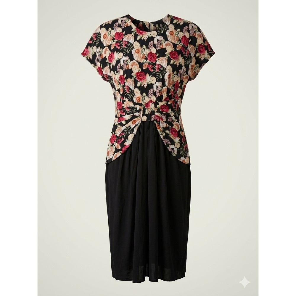 Ansley Vintage Dark Floral Peplum Midi Rayon Day Dress Secretary 80s 90s Retro